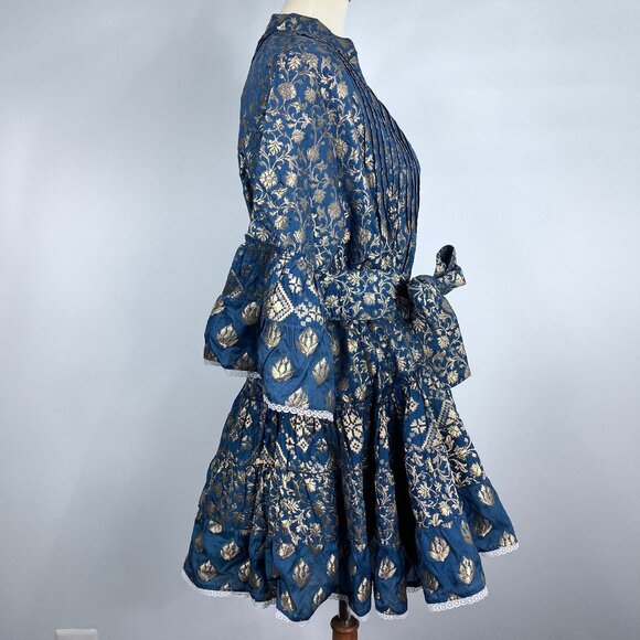 Pep's Cannes Versailles Mini Dress Jacquard Blue Teal Gold Belt Pleated Ruffled - Picture 6 of 16